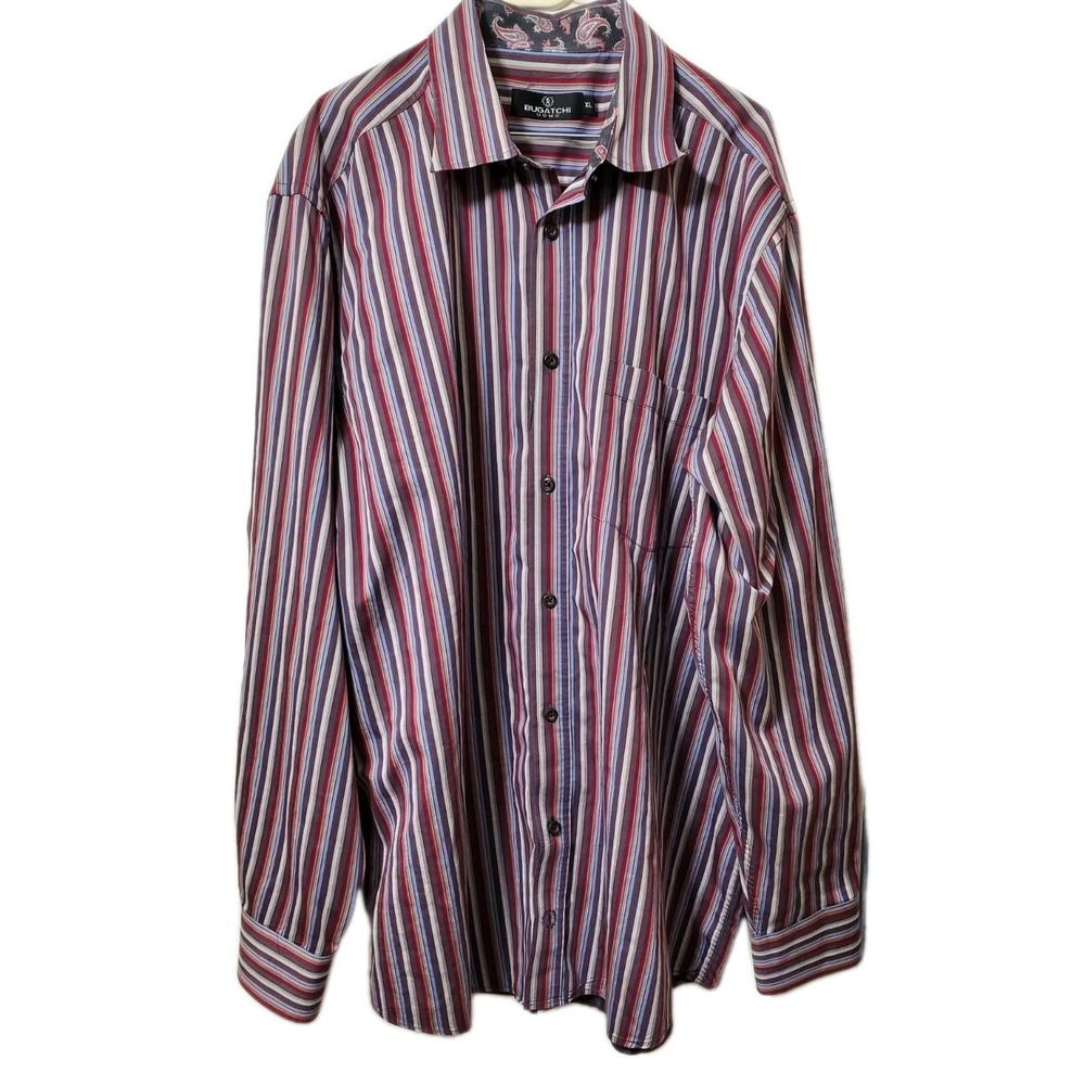 Bugatchi Shirt Men XL Gray‎ Blue Red Stripe Classic Fit Flip Cuffs Long Sleeve